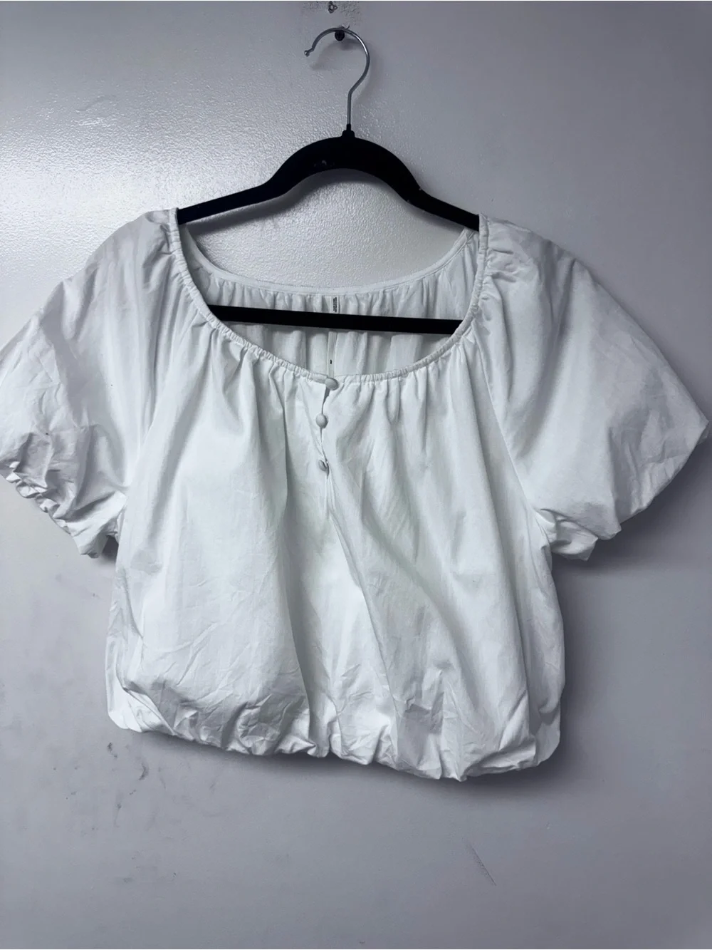 Anthropologie White Bubble Hem Puff Sleeve Cotton Blouse MP Petite Cottagecore